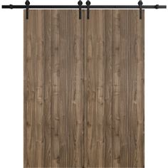 the sliding door is made from wood and has black metal bars on each side, along with