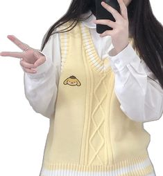 Harajuku Style Fall School Tops, Cotton Tops For Fall Cosplay, Cotton Top For Fall Cosplay, Casual Yellow Sweater Vest For Winter, Harajuku Style Cosplay Tops For Winter, Harajuku Style Tops For Winter Cosplay, Harajuku Style Winter Tops For Cosplay, Cute Sleeveless School Tops, Casual Sleeveless School Vest