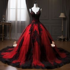 New Red and Black Lace Applique Ball Gown Wedding Dress Robe De Mariage Plus Size Full-Length Bridal Gown Bride Dress W3-2.20 sold by Liaumin on Storenvy Dark Red Wedding Dress Nordstrom, Red Wedding Dress Gown, Red And Black Bridesmaid Dresses Long, Burgundy Bridesmaid Dresses With Black Furs, Burgundy Dress Elegant Sposabridal, Wedding Dress Burgundy For Winter Wedding, Cheap Red Wedding Dress, Black And Red Ombre Wedding Dress, Wine Wedding Dress The Bride