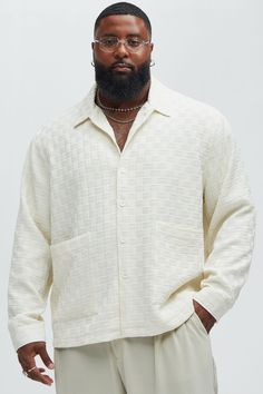 Available In Off White. Fold Down Collar Front Button Closure Front Pockets Long Sleeve Shell: 97% Polyester 3% Elastane Lining: 100% Polyester Imported | Mens Gene Textured Weave Button Up Shirt in Off White size 3XL by Fashion Nova Off White Fashion, White Fashion, Button Up Shirt, Boy Fashion, Fashion Nova, Button Up Shirts, Button Up, Weaving, Mens Shirts