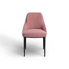 a pink chair sitting on top of a white floor next to a black legrest