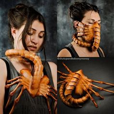 a woman with her hands in the shape of lobsters on her face and chest