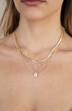 A variety of chain types gives an all-you-could-need glow to a necklace plated in 18-karat gold and twinkling with cubic zirconia. 16" shortest length; 2" longest length; 5" extender Lobster clasp closure 18k-gold plate/cubic zirconia Imported Womens Necklaces Gold Jewelry, Layered Chains Gold, Layers Necklaces, Chain Types, Layer Jewelry, Jeweled Collar, Necklace Stack, Xmas Wishlist, Layered Chain Necklace