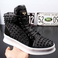 Luxury Men's Boots With Studded Rubber Outsoles, Spiked Leather Boots For Streetwear, High-top Boots With Spikes For Streetwear, Rocker High-top Boots With Spikes, Luxury Men's Lace-up Shoes With Red Sole, Hip Hop Sneakers, Vegan Leather Boots, Gold Sneakers, Equestrian Boots