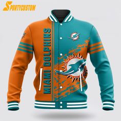 NFL Miami Dolphins Baseball Jacket For Awesome Fans Show your team spirit in style with the NFL Baseball Jacket. This classic jacket features the team... Team-colored Outerwear With Team Name For Game Day, Team-colored Outerwear With Team Name For Sports Events, Game Day Varsity Jacket With Team Name, Varsity Jacket With Team Name For Game Day, Game Day Long Sleeve Varsity Jacket With Team Name, Team-colored Varsity Outerwear With Team Name, Team-colored Outerwear For Game Day And Sports Season, Team-colored Outerwear With Team Name For Sports Season, Team-colored Outerwear For Game Day With Team Spirit