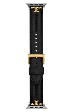 The iconic Tory Burch logo adds branded appeal to a sophisticated leather strap that will elegantly frame your Apple Watch. Apple Watch not included Fits 38/40/41/42/44/45mm Apple Watch Compatible with Series 1–9 Apple Watch 20mm band width Buckle closure Leather Imported Classic Leather Strap Apple Watch Band For Business, Classic Business Apple Watch Band With Leather Strap, Classic Leather Apple Watch Band For Business, Classic Business Apple Watch Band With Bracelet Strap, Classic Business Apple Watch Bracelet Strap Band, Classic Business Apple Watch Bracelet Strap, Luxury Black Leather Strap Watch Bands, Classic Leather Watch Bands With Palladium Hardware, Luxury Black Watch Bands