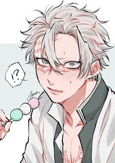 an anime character with glasses holding a candy lollipop in front of his face