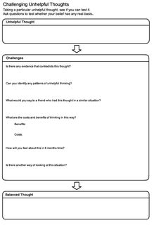 CBT worksheet Challenging Thoughts, Cognitive Thinking, Anger Management Worksheets, Counseling Techniques