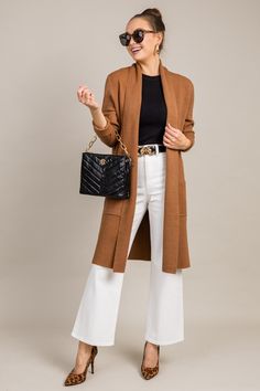 Parker Cardigan, Camel Brown Cardigan With Pockets For Work, Brown Workwear Cardigan With Pockets, Brown Sweater Coat With Pockets For Work, Chic Open Front Sweater Coat For Work, Long Sweater Coat With Pockets For Work, Chic Long Cardigan With Pockets, Long Sweater Coat For Fall Workwear, Chic Long Sweater Coat With Pockets, Elegant Brown Cardigan For Fall