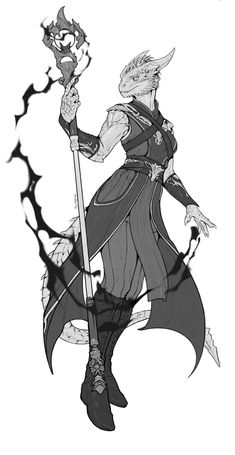 a black and white drawing of a wizard holding a staff