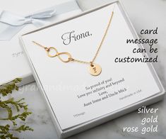 "An original design from TYDesign, this personalized infinity necklace has three metal/color choices: sterling silver gold filled/plated rose gold filled/plated 1. a sterling silver or 24k yellow/rose gold vermail (gold over sterling silver) infinity (19x8mm) charm 2. a sterling silver or 14k yellow/rose gold filled disc (22ga, 3/8\") stamped with an initial in your favorite font 3. a sterling silver or 14k yellow/rose gold filled chain (length customizable) with a lobster clasp 4. an optional p Personalized Infinity Jewelry For Bridesmaid Gift, Personalized Infinity Jewelry With Meaningful Style, Personalized Infinity Meaningful Jewelry, Personalized Infinity Style Meaningful Jewelry, Personalized Infinity Rose Gold Jewelry, Personalized Rose Gold Infinity Jewelry, Meaningful Infinity Jewelry Gift, Customized Jewelry For Bridesmaid Gift On Mother’s Day, Customized Jewelry For Bridesmaid Gift On Mother's Day