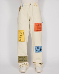 Snoopy & Woodstock Pants Trendy Cotton Bottoms With Patches, Cotton Straight Leg Bottoms With Patches, Casual Straight Leg Bottoms With Patches, Retro Bottoms With Patches For Spring, Retro Spring Bottoms With Patches, Straight Leg Bottoms With Patches For Streetwear, Retro Cotton Bottoms With Patches, Snoopy Clothes, Canvas Pants