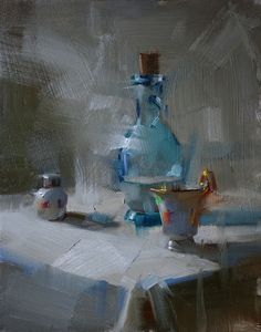 an oil painting of a blue vase on a table