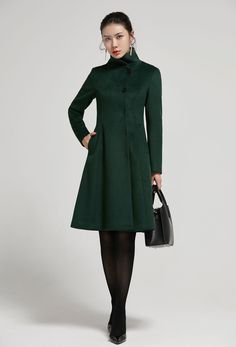 Emerald Green Coat, A Line Coat, Women Wool Coat, Long Linen Pants, Fit And Flare Coat, Vintage Wool Coat, Long Linen Skirt, Green Wool Coat, Winter Coat Women