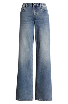 These low-stretch jeans feature a mid-rise waist and full-length wide legs that create a relaxed, casual-cool vibe. 33" inseam; 9 1/2" front rise Zip fly with button closure Five-pocket style 99% cotton, 1% spandex Machine wash, tumble dry Imported Contrast Outfit, Medium Contrast, Jean Trousers, Clothes Jeans, Jeans Mid Rise, Wide Legs, Washed Jeans, Dream Clothes, Jean Outfits