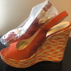 Size 9 Inc Perfect Summer And Fall Wedge! Orange Platform Wedge Sandals With Round Toe, Orange Platform Wedge Sandals For Spring, Orange High Heel Wedge Sandals For Spring, Orange Synthetic Wedge Sandals With Round Toe, Orange Wedge Sandals For Summer, Orange Synthetic Wedge Sandals For Spring, Spring Orange Platform Wedge Sandals, Orange Open Toe Wedge Sandals For Spring, Spring Orange Open Toe Wedge Sandals