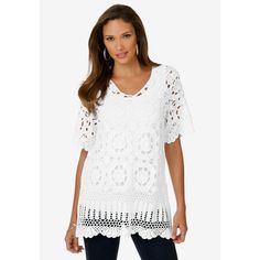 This beautiful hand-crocheted sweater with scalloped edges pairs perfectly over your favorite tank or cami. It’s the romantic layer you’ll love to wear all season long. Feminine Lace Top With Pointelle Knit, Chic Crochet Top With Scalloped Lace For Spring, Chic Scalloped Lace Crochet Top For Spring, Spring Crochet Lace Top With Scalloped Edges, Crochet Lace Top For Layering, Bohemian Pointelle Knit Crochet Top With V-neck, Lace V-neck Top With Crochet Trim, Spring Pointelle Knit Lace Top, Spring Lace Top With Pointelle Knit