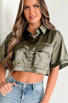 Mind Your Own Business Satin Crop Button-Down Top (Olive) · NanaMacs Green Button-up Tops With Pockets, Military Collared Tops For Spring, Spring Military Style Collared Tops, Military Style Collared Tops For Spring, Green Tops With Pockets, Green Utility Button-up Top, Khaki Button-up Blouse With Pockets, Utility Style Khaki Tops With Buttons, Khaki Utility Tops With Buttons