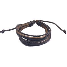 This bracelets consist of several layers of rope and leather and will match any outfit. Stack this bracelet with other bracelets for a stylish look. Adjustable, will fit arms of many different sizes. Simply pull the cords to make the bracelet smaller, and the sides to expand the bracelet. Bracelet Circumference: minimum 6.5 inches, expanded 13 inches. Material: Leather, Rope Cord. Adjustable Trendy Leather Bracelet, Adjustable Brown Bracelets As Fashion Accessory, Trendy Adjustable Leather Bracelet, Casual Braided Leather Bracelet, Casual Leather Bracelet With Adjustable Cord, Trendy Adjustable Brown Leather Bracelet, Trendy Adjustable Wrap Bracelet, Casual Brown Leather Bracelet, Adjustable Cord Wrap Bracelet As A Gift