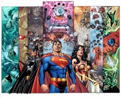 superman and wonder woman collaged together in front of an image of other characters