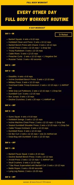 the full body workout routine is shown in yellow and black, as well as instructions for how