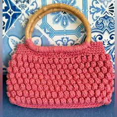 Beautiful Brazilian Handmade Knit Purse Perfect For Summer Pink Knitted Bags For Daily Use, Pink Knitted Bag For Daily Use, Pink Shoulder Bag With Rolled Handles For Shopping, Everyday Pink Knitted Shoulder Bag, Casual Pink Knitted Bag, Pink Crochet Bags For Spring, Casual Pink Crochet Bag, Pink Shoulder Bag With Rolled Handles For Everyday, Everyday Pink Shoulder Bag With Rolled Handles