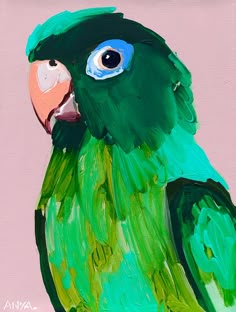 a painting of a green parrot with blue eyes on it's face and beak