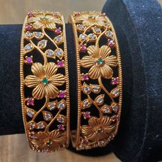 Set of 2 Matt finished CZ flower bangles. Available in 2-6, 2-8 size. Festive Gold Jewelry With Flower Decoration, Flower Design Bangles Gold, Wedding Bangle With Intricate Design In 22k Gold, 22k Gold Bangle With Intricate Design For Diwali, Adjustable Flower-shaped Bangle For Weddings, Flower Bangles, Festive 22k Gold Hand-set Bangle, Bangle Bracelets, Favorite Jewelry