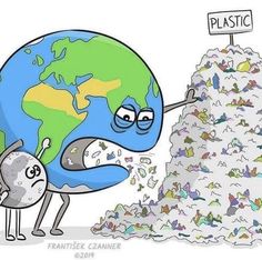 a cartoon earth holding up a sign that says plastic