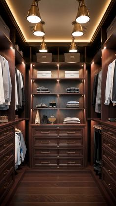 Luxury walk in closet with rich mahogany built-ins, brass lighting fixtures, and illuminated shelving for clothing display. Walk In Closet Luxury, Peaceful Interior, Closet Aesthetic, Doors Ideas, Zen Decor, Aesthetic Luxury, Glass Doors, Walk In Closet, Glass Door