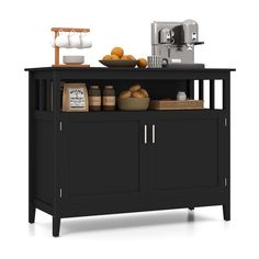 an image of a kitchen island with food on it and coffee maker in the background