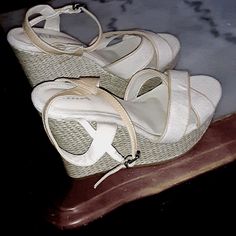 Mia Wedged Sandals Sz 9 New Without Tags Summer Wedge Heels With Cushioned Footbed, Cream High Heel Wedge Sandals For Vacation, Cream Wedge Sandals With Heel Strap For Beach, Cream High Heel Wedge Sandals For Beach, Beach Cream Wedge Sandals With Heel Strap, Summer High Heels With Cushioned Footbed, Cream Summer Wedge Sandals With Ankle Strap, Summer Cream Wedge Sandals With Ankle Strap, Wedged Sandals