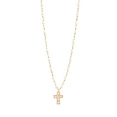 Gigi Clozeau - Cross Charm Classic Gigi White diamond necklace, Yellow Gold, 16.5 Luxury White Clavicle Chain Necklace, Elegant Cross Pendant Necklace With Pearl Drop, Elegant Pearl Drop Cross Pendant Necklace, Luxury White Diamond Necklace With Pearl Chain, White Diamond Spiritual Necklaces, White Diamond Spiritual Necklace, Fine Jewelry White Necklaces With Pearl Charm, White Pearl Diamond Necklace With Pearl Chain, White Diamond Necklace With Pearl Chain