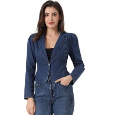 This notched lapel collar adds a stylish and structured element to this denim blazer. This jean jacket features a timeless denim fabric, giving it a classic and versatile look. It elevates the overall look and creates a more tailored and polished appearance. It can be worn over dresses, paired with skirts or pants, or even layered under coats for added warmth. Spring Denim Jacket With Notch Lapel And Button Closure, Denim Notch Lapel Outerwear With Button Closure, Classic Medium Wash Blazer With Button Closure, Denim Outerwear With Notch Lapel And Button Closure, Classic Long Sleeve Denim Jacket With Double Button Closure, Blue Single-breasted Denim Jacket With Lapel Collar, Blue Single Breasted Denim Jacket With Lapel Collar, Classic Long Sleeve Denim Blazer, Classic Single Breasted Denim Blazer