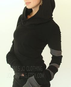 hooded top with extra long sleeves/ Black with Cement Grey spiraling stripe details Video Outfit Ideas, Solar Punk, Black Shrug, Hooded Tunic, Fashion Corner, Purple Wine, Hooded Dress, Mini Robes, Extra Long Sleeves