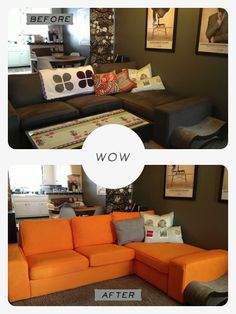 the before and after shots of a living room with orange couches, pillows, and pictures on the wall