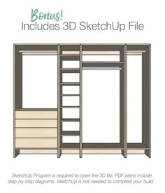 an image of a sketched closet with shelves and drawers on the bottom, below it is