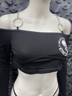 This is a woman's Disclose long sleeved chain straps off shoulder ultra cropped black top. This has a Disclose image screen printed on the front. 95% Cotton/ 5% spandex These tops run small!! These are handmade screenprinted and slightly vary from the photo. Please feel free to email me any questions. Thanks for looking. The seller is not responsible for any lost or stolen packages. Black Punk Tops With Tank Straps, Punk Style Long Sleeve Stretch Crop Top, Punk Stretch Crop Top, Black Punk Jewelry With Chain Strap, Black Distressed Punk Tops, Black Cropped Tank, Black Crop Top Tank, Alt Style, Running Tops