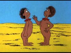 two cartoon characters standing in the desert talking to each other with their backs turned towards one another