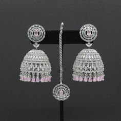 Big Jhumka Jhumki earring maang tikka set studded with american diamond crystals and embellished with precious color stones Bridal Maang Tikka, Maang Tikka Set, Indian Jhumka, Celebrities Earrings, Jhumki Earrings, Maang Tikka, Color Stones, Indian Wedding Jewelry, Cz Jewelry