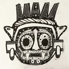 a black and white drawing of a mask with many different designs on it's face