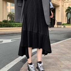 Pleated Chiffon Frill Midi Skirt Ruffle Long Skirt, Goth Skirts, Pleated Chiffon Skirt, High Waisted Pleated Skirt, Pleated Chiffon, Long Skirts For Women, Mid Length Skirts, Black Midi Skirt, Asymmetrical Skirt