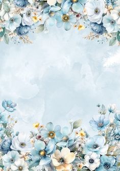 a blue and white floral frame with watercolor flowers