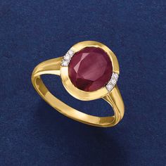 Ross-Simons - 5.00 Carat Ruby Ring Oval Cut with Diamond Accents in 14kt Yellow Gold. Size 5. Add a richness to your look with this fiery 5.00 carat oval ruby. Trios of diamond accents spark each side of the glossy 14kt yellow gold setting. 1/2" wide. Diamond-accented and ruby ring. Ruby birthstones are the perfect gift for July birthdays. Luxury Oval Diamond Ring With Lab-created Ruby, Oval Ruby Ring With Diamond, Formal Ruby Ring With Diamond And Oval Cabochon Shape, Oval Cabochon Ruby And Diamond Ring, Oval Ruby Birthstone Ring With Diamond Accents, Oval Ruby Rings In Yellow Gold, Formal Oval Cabochon Ruby Ring With Diamond, Classic Yellow Gold Round Ruby Ring, Gold Oval Ruby Ring With Brilliant Cut