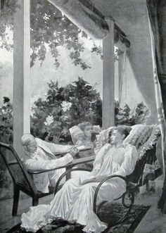 an old black and white photo of two women laying in rocking chairs