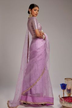 Lilac pure organza saree with scattered badla work. Comes with georgette mukaish embroidered blouse. - Aza Fashions Saree Blouse Work, Badla Work, Giant Paper Flowers, Blouse For Women, Organza Saree, Work Sarees, Embroidered Blouse, Bright Color, Aza Fashion