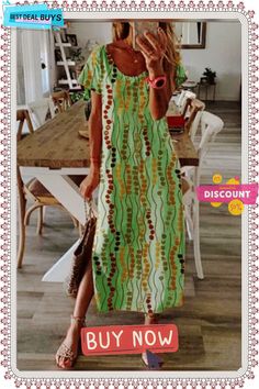 Loose Round Neck Short Sleeve Printed Dress Printed Casual Maxi Dress, Casual Non-stretch Printed Maxi Dress, Long Casual Shift Dress, Casual Long Green Maxi Dress, Green Maxi Dress For Day Out, Summer Green Shift Maxi Dress, Casual Green Midi Dress For Vacation, Casual Green Maxi Dress, Green Non-stretch Short Sleeve Maxi Dress