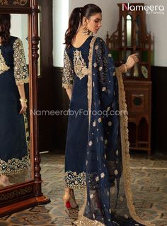 Elegant Pakistani Dress Dark Blue Pakistani Dress, Gold Lawn Suit With Intricate Embroidery, Gold Anarkali Lawn Suit With Intricate Embroidery, Gold Anarkali Unstitched Suit For Formal Occasions, Elegant Gold Embroidered Lawn Suit, Formal Gold Lawn Suit With Resham Embroidery, Gold Lawn Suit With Resham Embroidery For Formal Occasions, Gold Semi-stitched Lawn Suit For Formal Occasions, Semi-stitched Elegant Salwar Kameez With Gold Embroidery