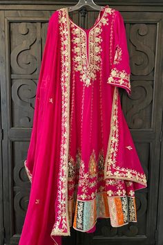 Hot Pink Embroidered Silk Anarkali Dress at PinkPhulkari California Pink Embroidered Georgette Churidar, Transitional Pink Chanderi Salwar Kameez, Pink Embroidered Chanderi Unstitched Suit, Pink Chanderi Unstitched Suit For Transitional Season, Traditional Pink Unstitched Suit With Resham Embroidery, Pink Embroidered Unstitched Suit For Eid, Embroidered Pink Unstitched Suit For Eid, Festive Pink Embroidered Unstitched Suit, Pink Churidar With Dabka Work For Reception