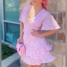 B Darlin - Pink Sheer - Zippered - Ruffled - Lined - Fitted - Printed - Flutter Sleeve - V Neck - Short - Party A-Line Dress - Juniors 9/10 100% Polyester Machine Washable 022 Pink V-neck Mini Dress With Ruffle Hem, Feminine V-neck Ruffle Dress For Garden Party, Chic Pink V-neck Ruffle Dress, Cute V-neck Dress With Ruffle Hem, Summer V-neck Dress With Ruffled Skirt, Summer V-neck Ruffle Dress For Garden Party, Cute Ruffle Hem Dress For The Beach, Cute Ruffle Dress With Ruffle Hem For Beach, Cute Ruffle Hem Dress For Beach